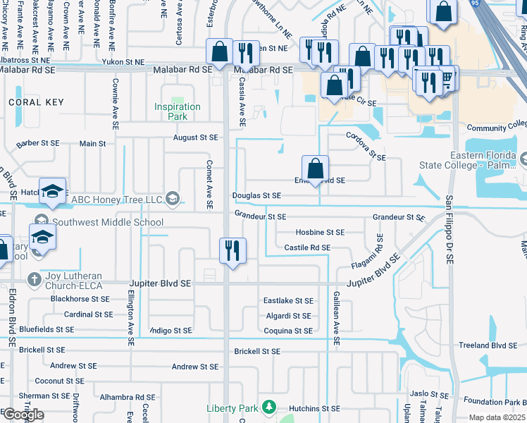 map of restaurants, bars, coffee shops, grocery stores, and more near 934 Douglas Street Southeast in Palm Bay