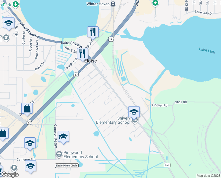 map of restaurants, bars, coffee shops, grocery stores, and more near 602 Snively Avenue in Eloise