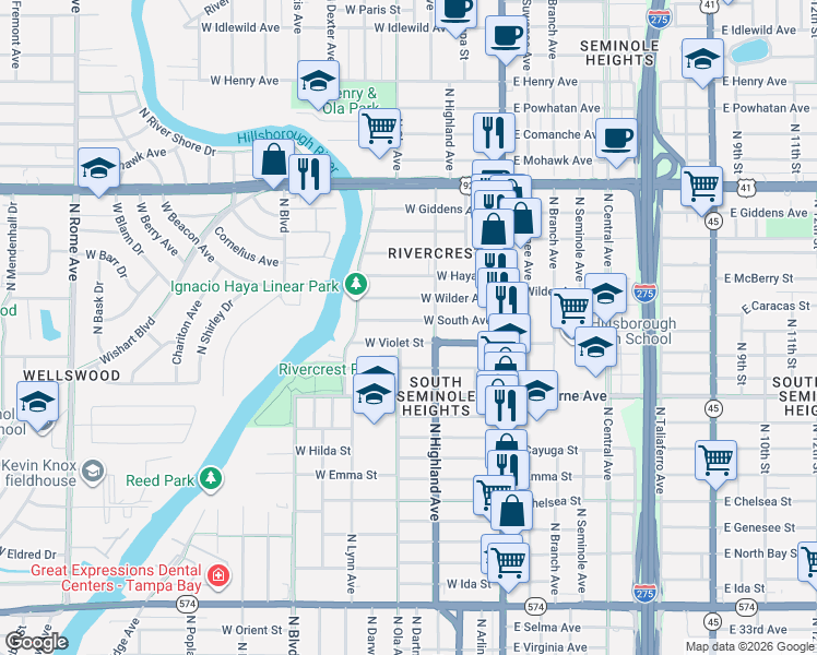 map of restaurants, bars, coffee shops, grocery stores, and more near 305 West South Avenue in Tampa