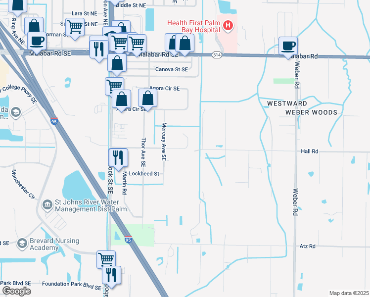 map of restaurants, bars, coffee shops, grocery stores, and more near 1901 Convair Street Southeast in Palm Bay