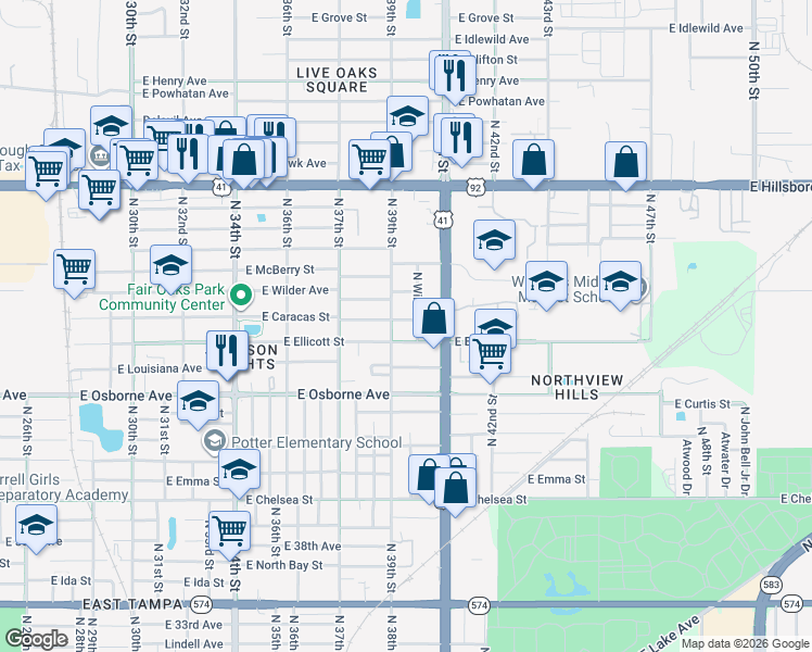 map of restaurants, bars, coffee shops, grocery stores, and more near 3909 East Caracas Street in Tampa