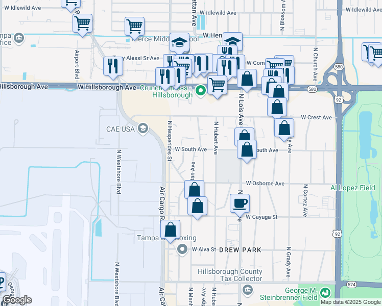 map of restaurants, bars, coffee shops, grocery stores, and more near 4402 West South Avenue in Tampa