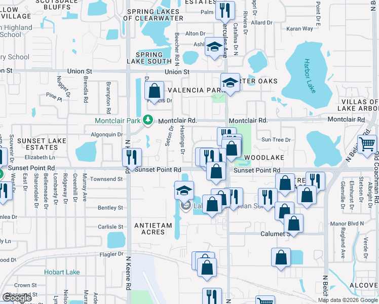 map of restaurants, bars, coffee shops, grocery stores, and more near 1936 Barrington Drive West in Clearwater