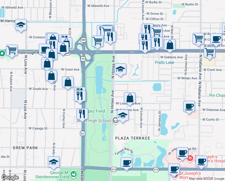 map of restaurants, bars, coffee shops, grocery stores, and more near 5000 North Himes Avenue in Tampa