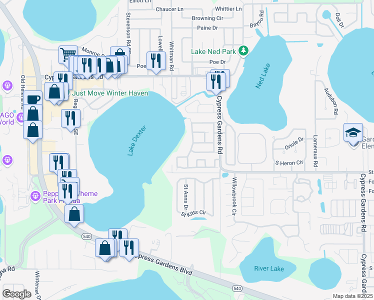 map of restaurants, bars, coffee shops, grocery stores, and more near 3972 Cypress Landing West in Winter Haven