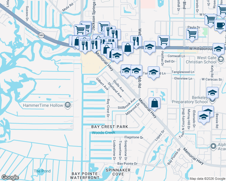map of restaurants, bars, coffee shops, grocery stores, and more near 4921 Bay Crest Drive in Tampa