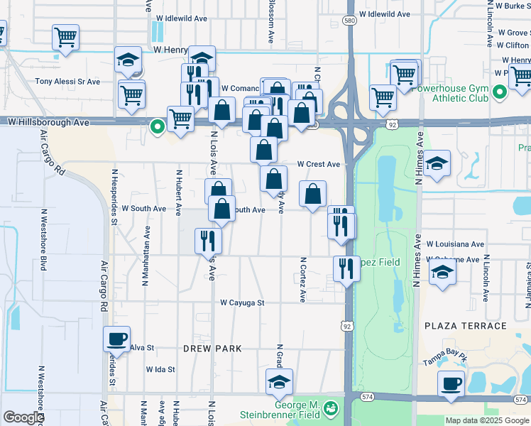 map of restaurants, bars, coffee shops, grocery stores, and more near 4010 West South Avenue in Tampa