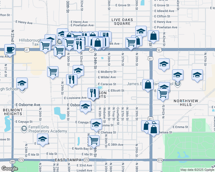 map of restaurants, bars, coffee shops, grocery stores, and more near 3505 E Caracas St in Tampa