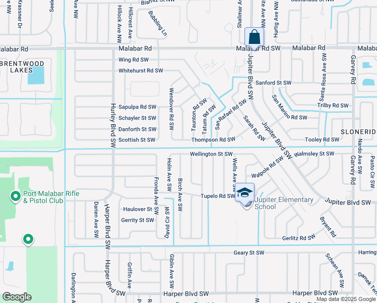 map of restaurants, bars, coffee shops, grocery stores, and more near 1095 Wellington Street Southwest in Palm Bay