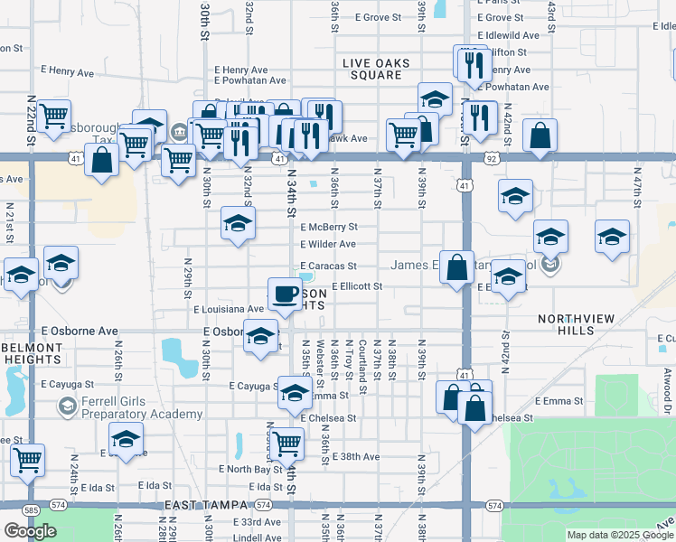 map of restaurants, bars, coffee shops, grocery stores, and more near 3505 East Caracas Street in Tampa