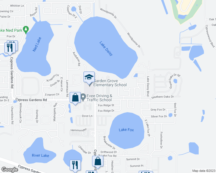 map of restaurants, bars, coffee shops, grocery stores, and more near 39 Stebbins Drive in Winter Haven