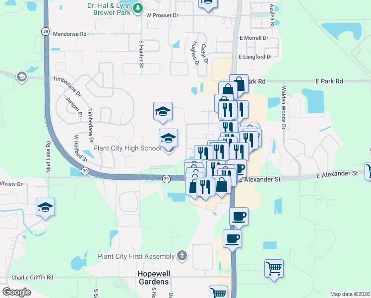 map of restaurants, bars, coffee shops, grocery stores, and more near 2302 South Maki Road in Plant City