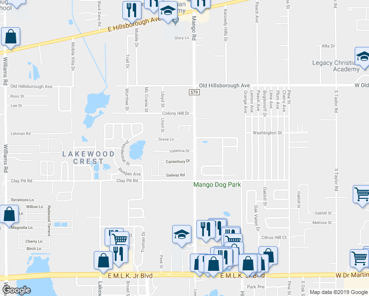 map of restaurants, bars, coffee shops, grocery stores, and more near 11608 Valencia Drive in Seffner