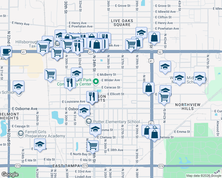 map of restaurants, bars, coffee shops, grocery stores, and more near 3505 East Caracas Street in Tampa