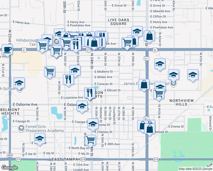 map of restaurants, bars, coffee shops, grocery stores, and more near 3505 East Caracas Street in Tampa