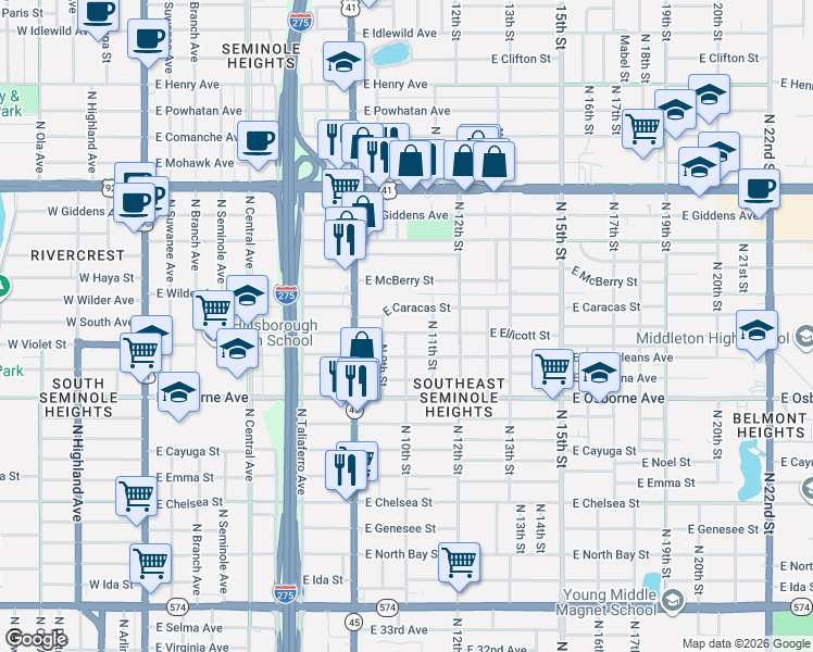 map of restaurants, bars, coffee shops, grocery stores, and more near 1011 East Caracas Street in Tampa