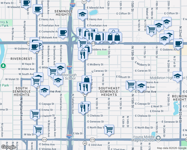 map of restaurants, bars, coffee shops, grocery stores, and more near 1011 East Caracas Street in Tampa