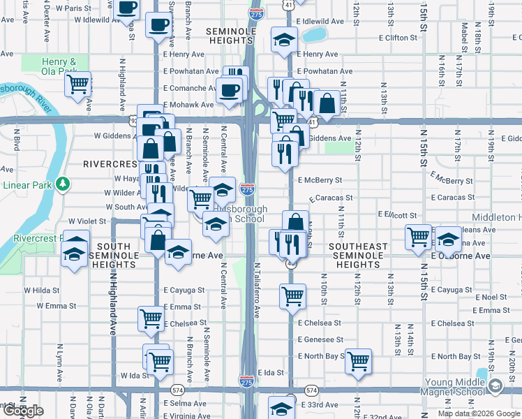 map of restaurants, bars, coffee shops, grocery stores, and more near 701 East Caracas Street in Tampa