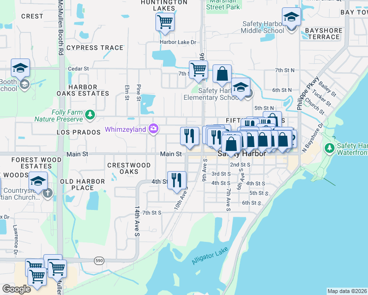 map of restaurants, bars, coffee shops, grocery stores, and more near 143 10th Avenue North in Safety Harbor