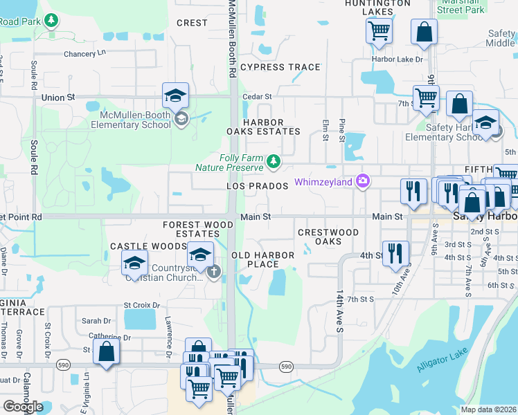 map of restaurants, bars, coffee shops, grocery stores, and more near 54 Meridian Drive in Safety Harbor