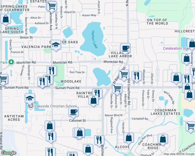 map of restaurants, bars, coffee shops, grocery stores, and more near 2158 Hartford Way in Clearwater
