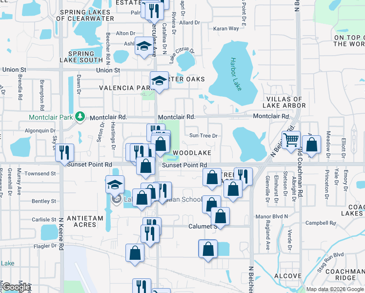 map of restaurants, bars, coffee shops, grocery stores, and more near 2059 Sun Tree Drive in Clearwater
