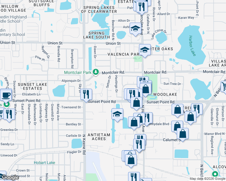 map of restaurants, bars, coffee shops, grocery stores, and more near 1882 Sunset Woods Court in Clearwater