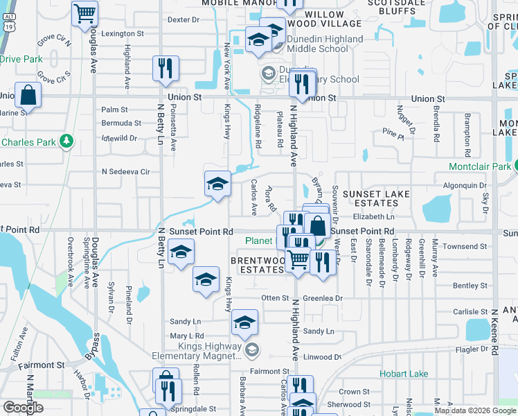 map of restaurants, bars, coffee shops, grocery stores, and more near 1925 Carlos Avenue in Clearwater