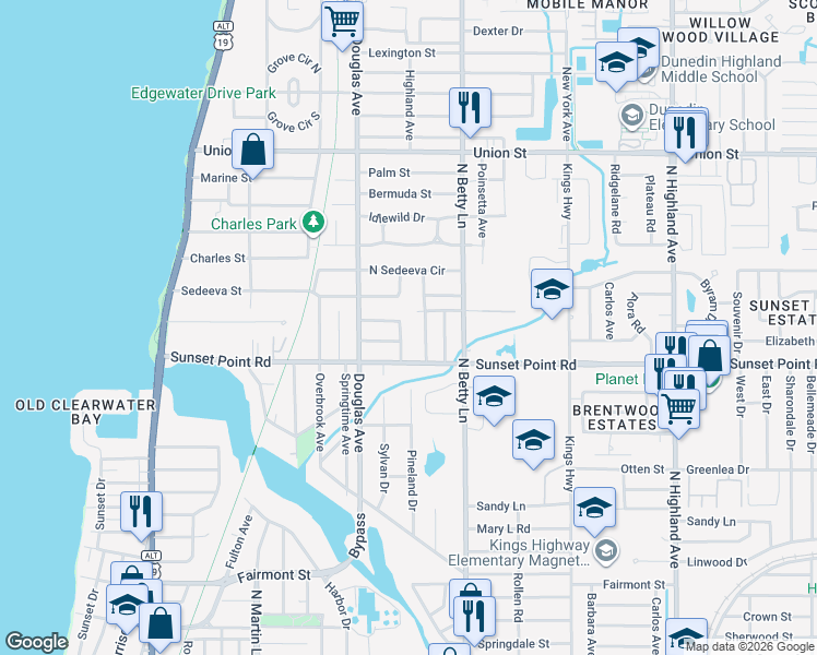 map of restaurants, bars, coffee shops, grocery stores, and more near 1219 Aloha Lane in Clearwater