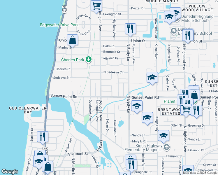 map of restaurants, bars, coffee shops, grocery stores, and more near 1219 Aloha Lane in Clearwater