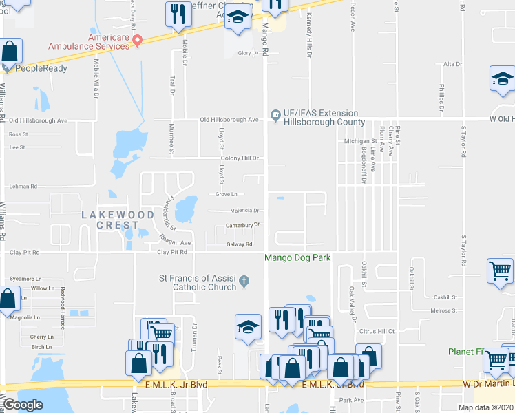 map of restaurants, bars, coffee shops, grocery stores, and more near 11612 Valencia Drive in Seffner