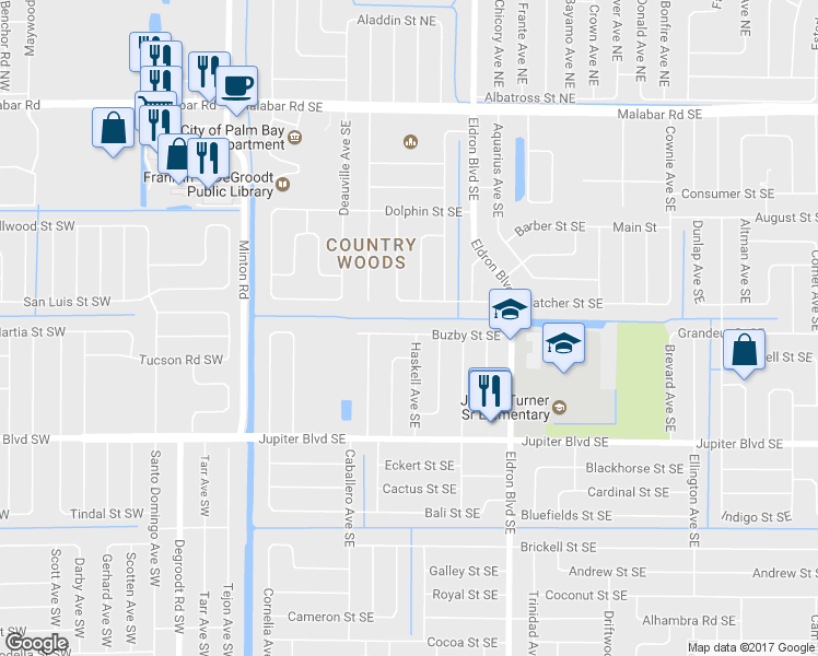map of restaurants, bars, coffee shops, grocery stores, and more near 281 Buzby St SE in Palm Bay