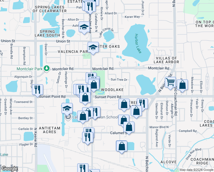 map of restaurants, bars, coffee shops, grocery stores, and more near 2059 Sun Tree Drive in Clearwater