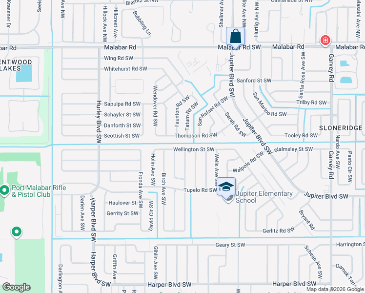 map of restaurants, bars, coffee shops, grocery stores, and more near 1063 Wellington Street Southwest in Palm Bay