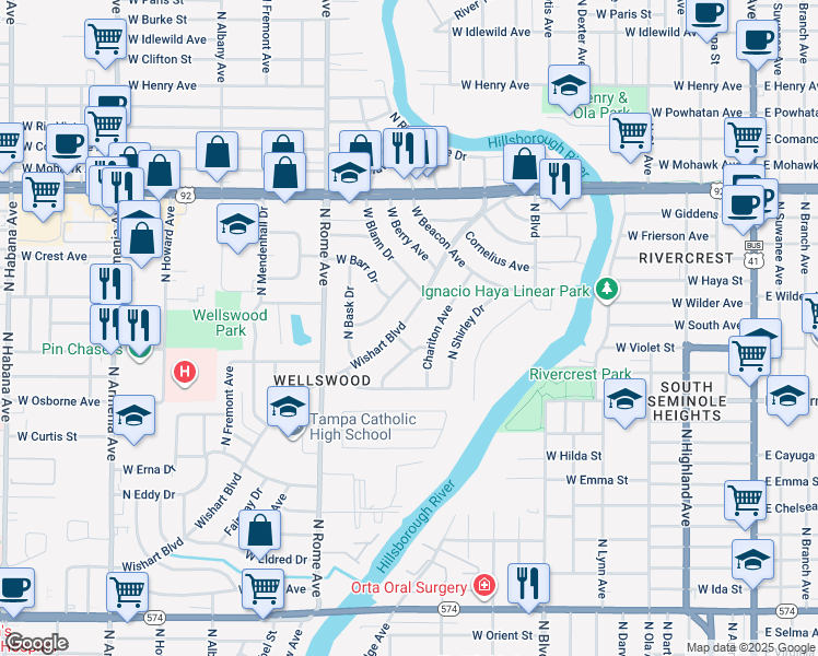 map of restaurants, bars, coffee shops, grocery stores, and more near 4919 Wishart Boulevard in Tampa