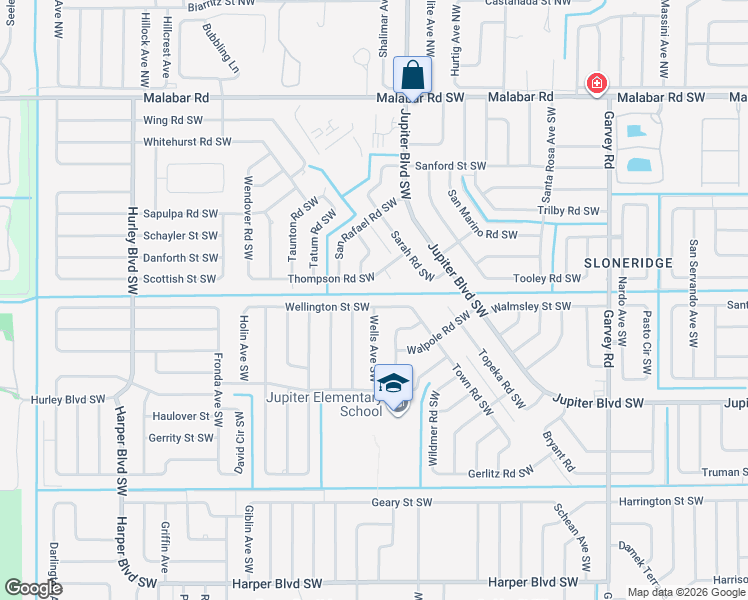 map of restaurants, bars, coffee shops, grocery stores, and more near 961 Wellington Street Southwest in Palm Bay