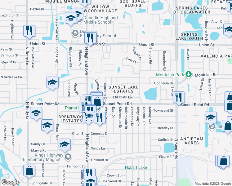 map of restaurants, bars, coffee shops, grocery stores, and more near 1561 Picardy Circle in Clearwater