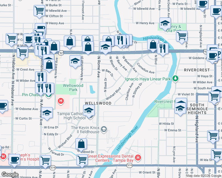 map of restaurants, bars, coffee shops, grocery stores, and more near 4905 West Bartlett Drive in Tampa