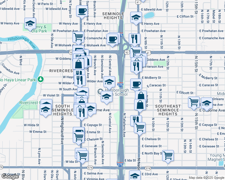 map of restaurants, bars, coffee shops, grocery stores, and more near 5011 North Central Avenue in Tampa