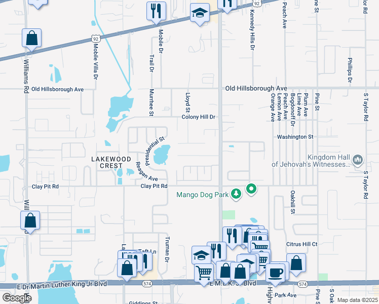 map of restaurants, bars, coffee shops, grocery stores, and more near 11512 Valencia Drive in Seffner