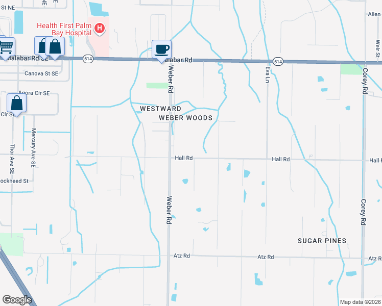map of restaurants, bars, coffee shops, grocery stores, and more near 900 Hall Road in Malabar