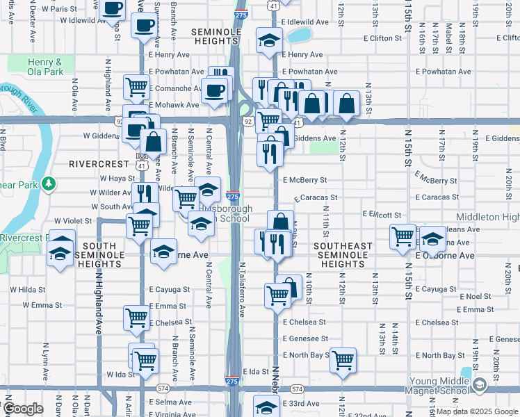 map of restaurants, bars, coffee shops, grocery stores, and more near 712 East Ellicott Street in Tampa