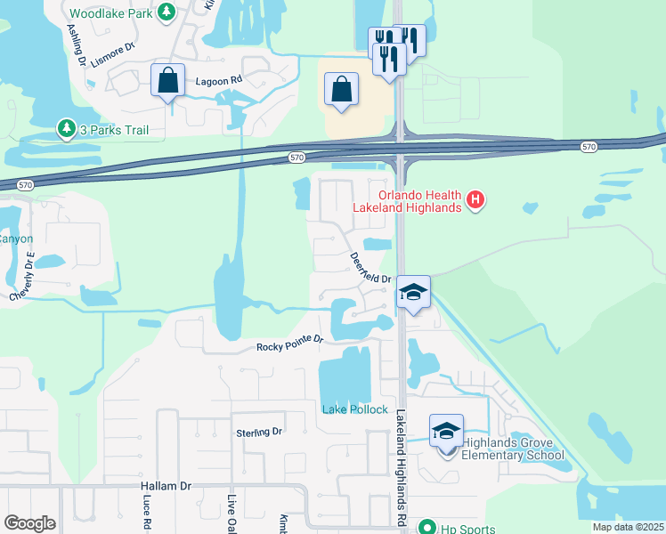 map of restaurants, bars, coffee shops, grocery stores, and more near 2028 Woodbriar Loop South in Lakeland