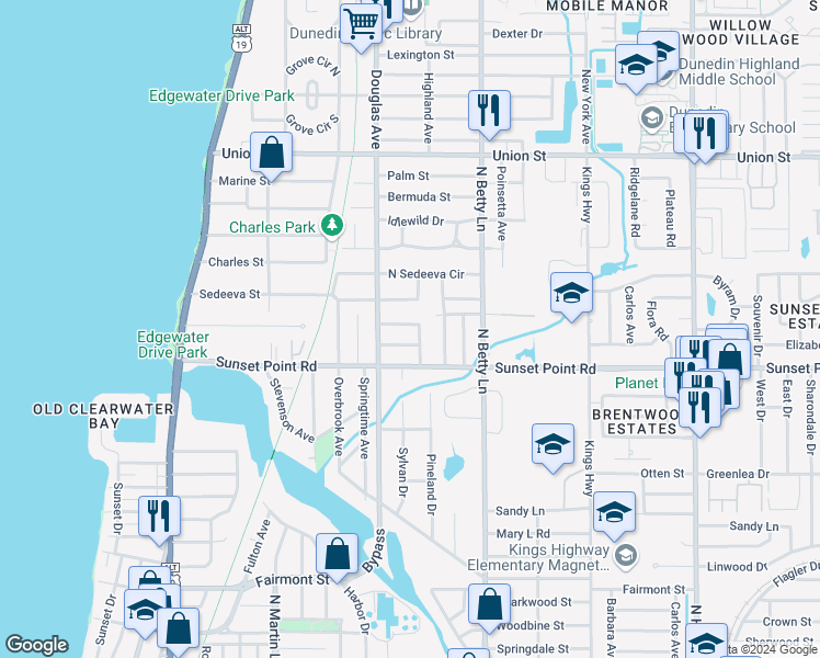 map of restaurants, bars, coffee shops, grocery stores, and more near 1219 Aloha Lane in Clearwater