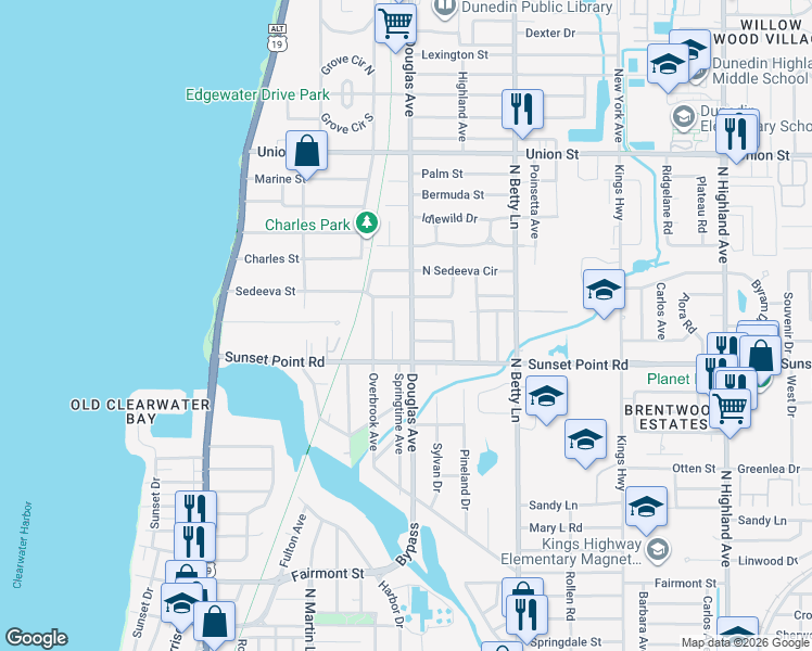 map of restaurants, bars, coffee shops, grocery stores, and more near 1934 Douglas Avenue in Clearwater