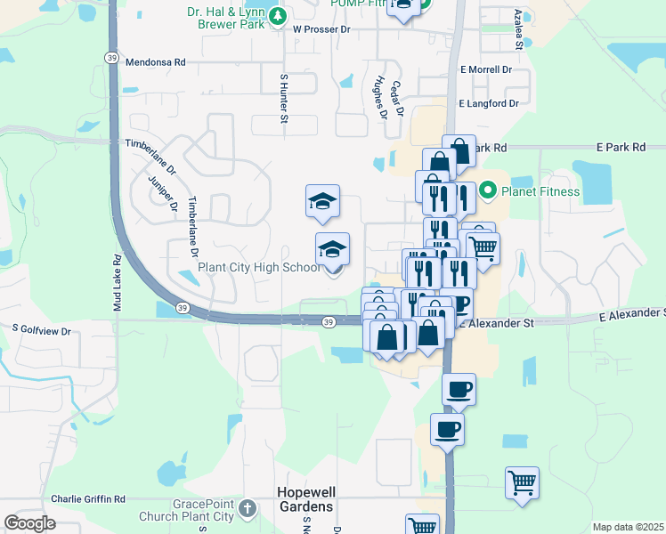 map of restaurants, bars, coffee shops, grocery stores, and more near 1 Raider Place in Plant City