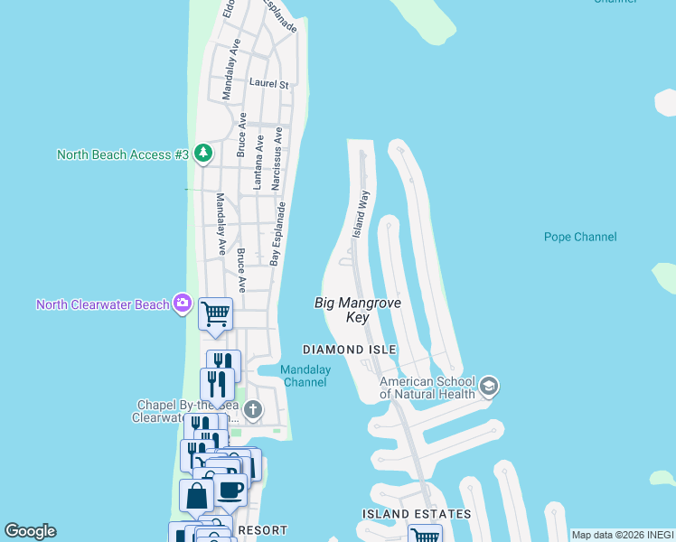 map of restaurants, bars, coffee shops, grocery stores, and more near 748 Island Way in Clearwater
