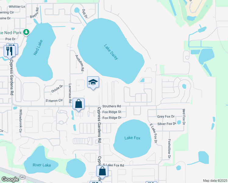 map of restaurants, bars, coffee shops, grocery stores, and more near 71 Stebbins Drive in Winter Haven