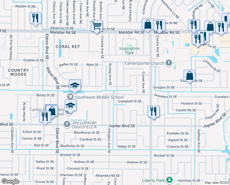 map of restaurants, bars, coffee shops, grocery stores, and more near 691 Grandeur Street Southeast in Palm Bay