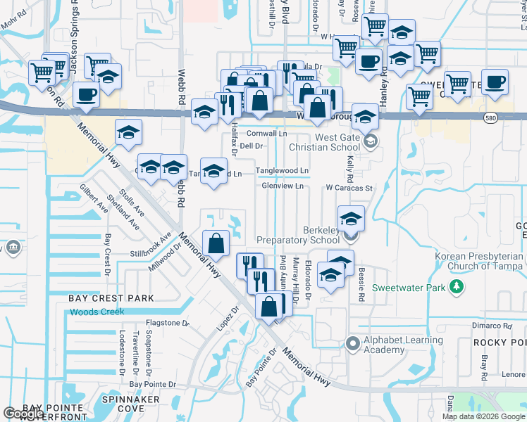 map of restaurants, bars, coffee shops, grocery stores, and more near 4918 Crest Hill Drive in Tampa